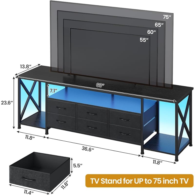 TV Stand with LED Lights Power Outlets Dresser Fabric Drawers Entertainment Center