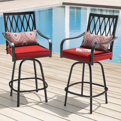 Patio 2-Piece Swivel Bar Stools with Red Cushions, Black