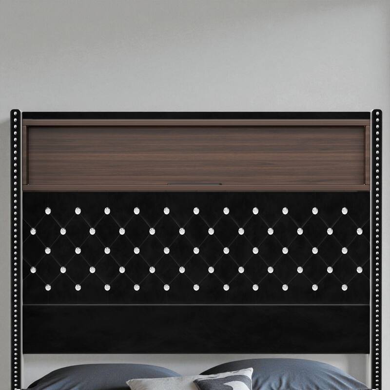 Full/Queen Velvet Tufted Bed Frame with 52" Wingback Headboard, USB Port, Night Light, Rivet Trim & Headboard Shelf