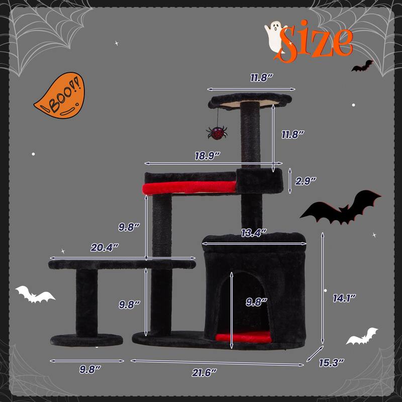 EROMMY Gothic Cat Tree,34.6" H Cat Tree Tower With Cat Scratching Post For Indoor Cats,Halloween Pet Furniture,Black With Red