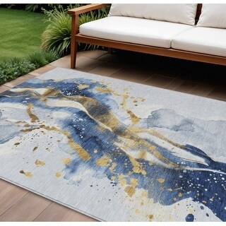 10' X 14' Blue And Gold Abstract Washable Indoor Outdoor Area Rug - 9 ...
