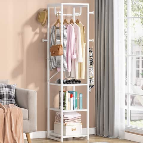 Freestanding Coat Rack with Shelves, Corner Hall Tree with 4 Shelves and 8 Hooks
