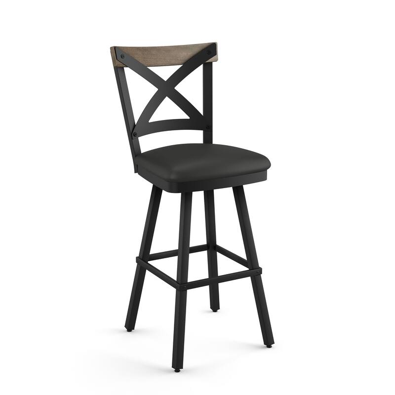 Amisco Snyder Swivel Counter and Bar Stool - Charcoal Black Faux Leather/Beige Wood/Black Metal - Counter Height