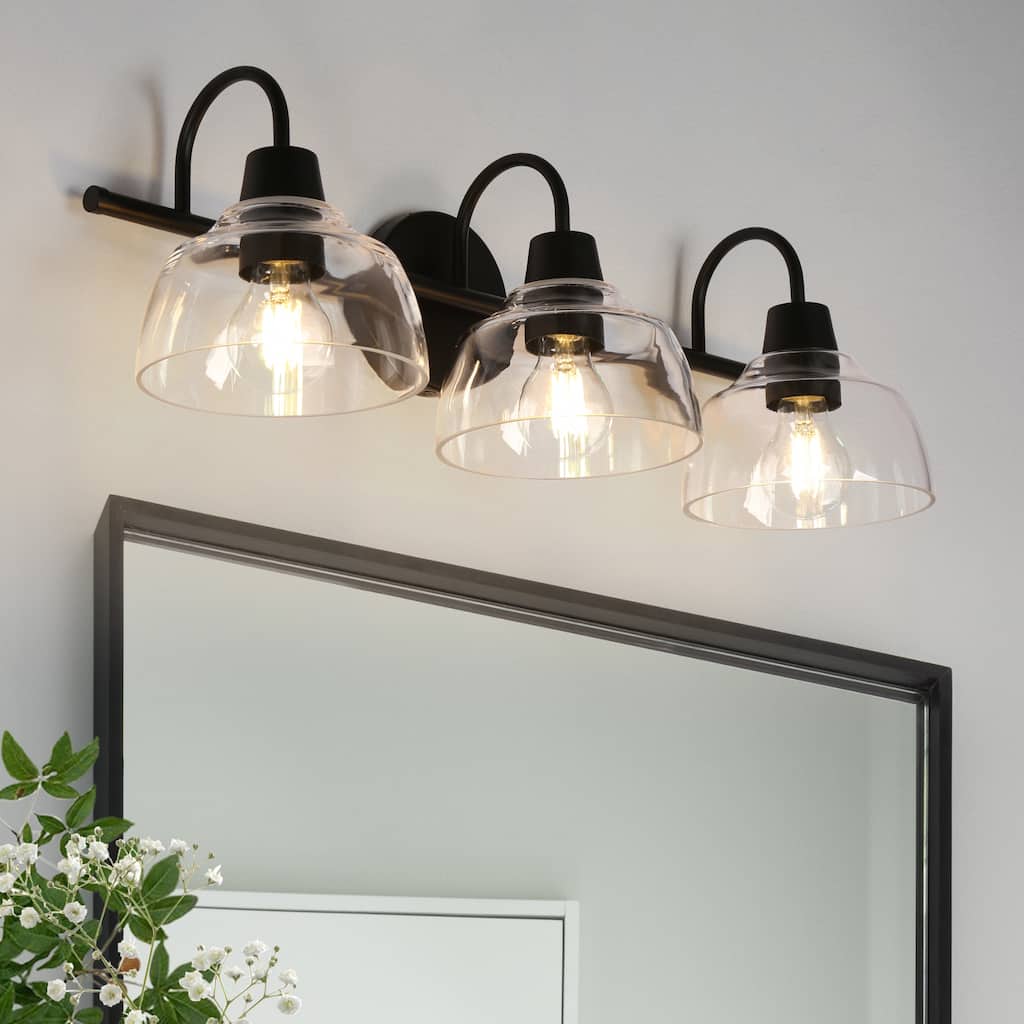 Regan Modern Black 3-Light Linear Farmhouse Bathroom Vanity Lights Dome Glass Wall Sconces - 23.6'' L x 6.5'' W x 8.3'' H