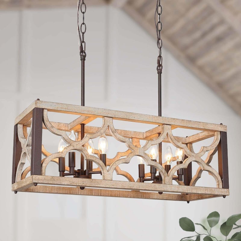 Clovy Modern Farmhouse 8-Light Wood Chandelier Island Lights for Dining Room - L 27.5" x W 10" x H 10"
