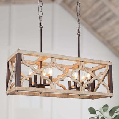 Clovy Modern Farmhouse 8-Light Wood Chandelier Island Lights for Dining Room - L 27.5" x W 10" x H 10"