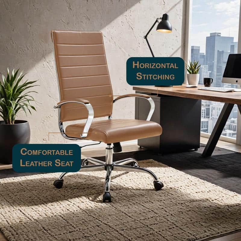 Benmar High-Back Leather Office Desk Chair in Stainless Steel Frame Adjustable Height Tilt Lock 360 Swivel Ergonomic Chair