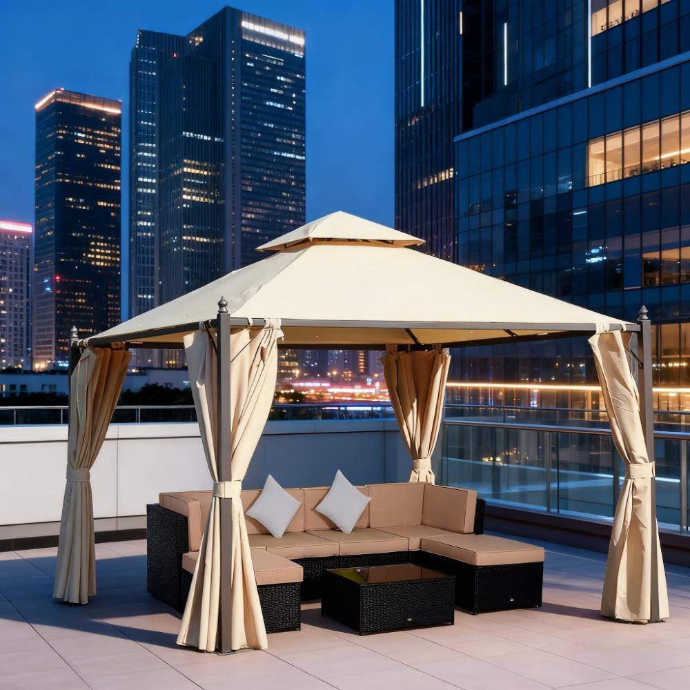 10' x 10' Steel Outdoor Patio Gazebo with Privacy Curtains and Double Canopy