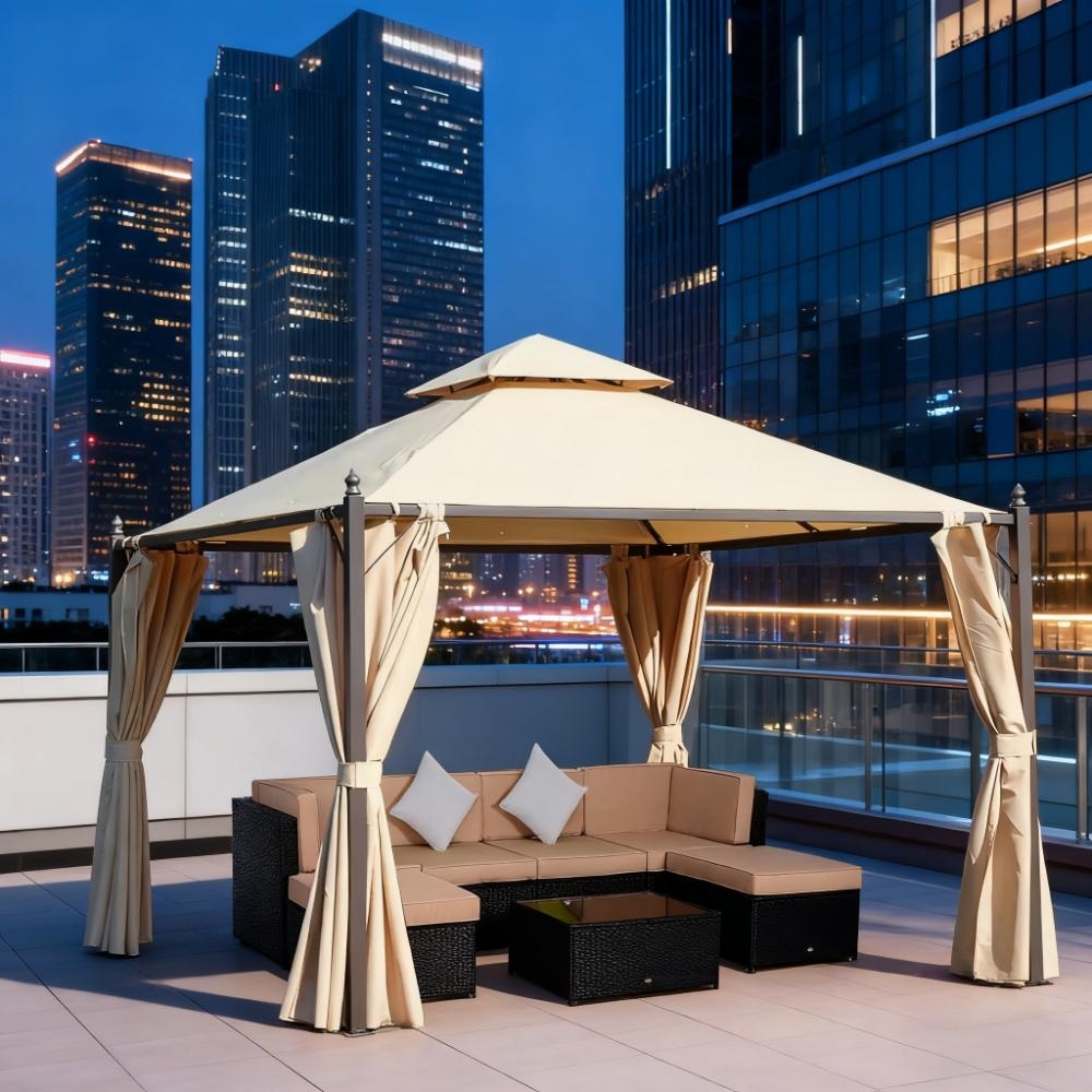 10' x 10' Steel Outdoor Patio Gazebo with Privacy Curtains and Double Canopy