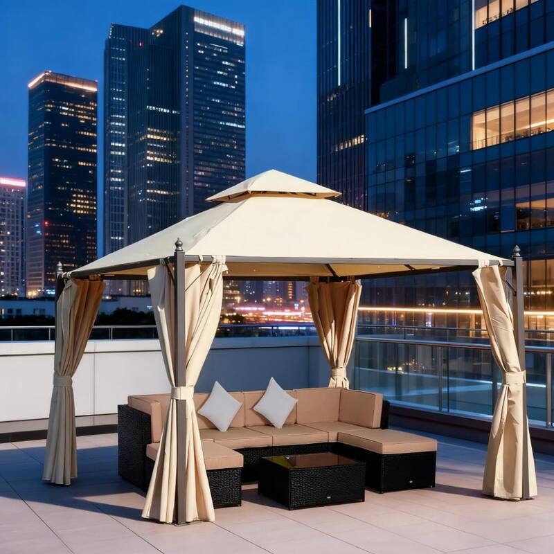 10' x 10' Steel Outdoor Patio Gazebo with Privacy Curtains and Double Canopy - Beige