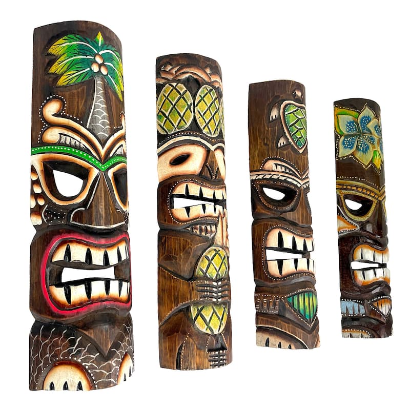 Set Of 4 Hand-Carved 20" Tiki Wall Masks Tropical Hawaiian Decor