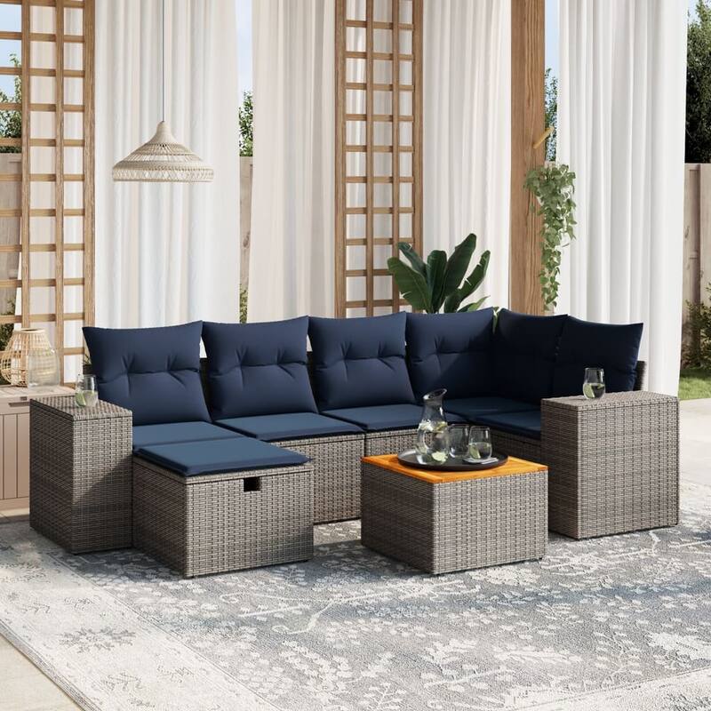 vidaXL Patio Sofa Set with Cushions Outdoor Furniture 7 Piece Poly Rattan - Gray without storage - 24.4" x 24.4" x 27.2"