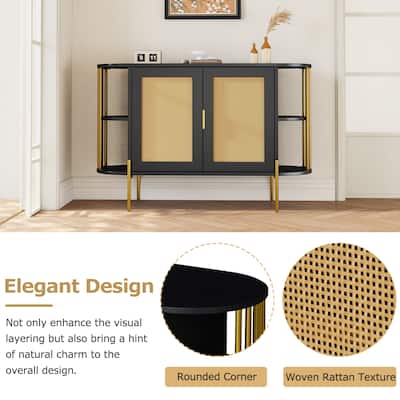 Black Sideboard Buffet Cabinet Side Cabinet with Woven Rattan Doors