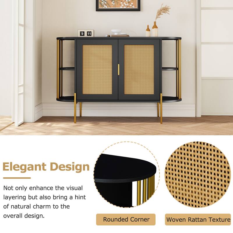 Curved Black Sideboard with Woven Rattan Doors and Open Storage