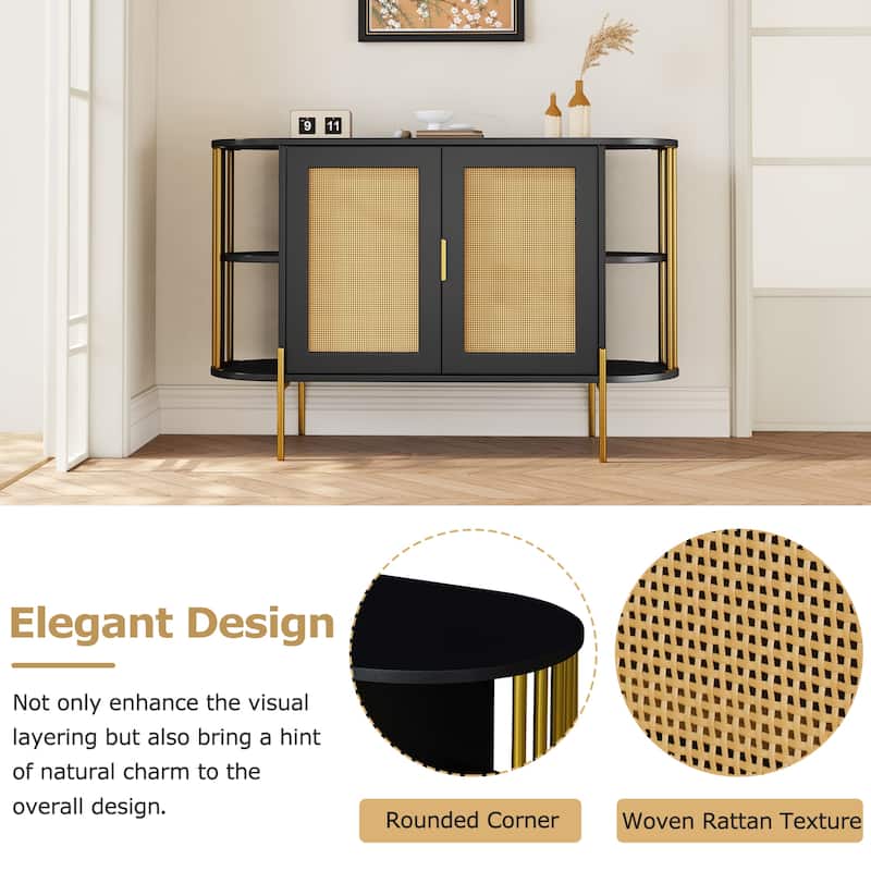 Elegant 2-Door Side Cabinet with Gold Trim and Woven Rattan Doors, Adjustable Shelves - 47.2"