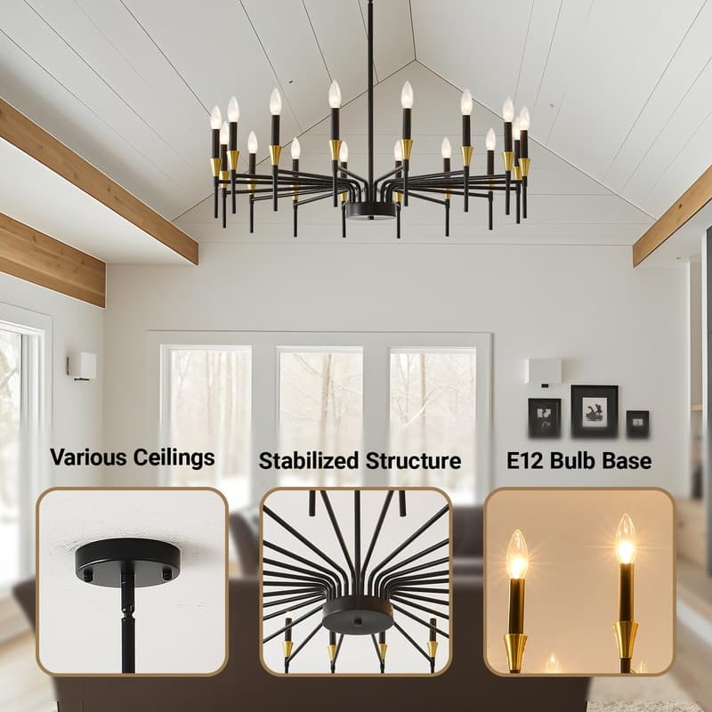 Modern Black Gold Farmhouse Chandelier Large Candle Chandeliers