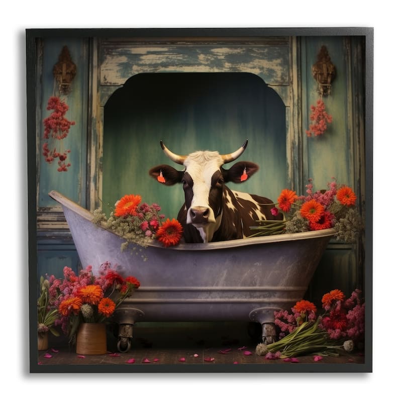 Stupell Cow in Vintage Floral Tub Framed Giclee Art Design by Lazar Studio - 24 x 24 - Black