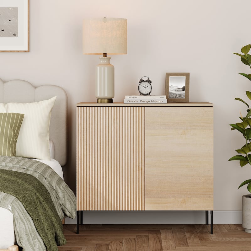 Modern Minimalist Wood Nightstand With Doors ,31.5" End Table,Reeded Design Bedside Table - Beige-1PC