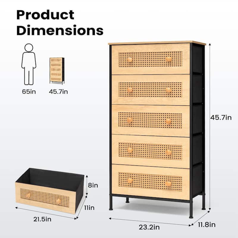 5-Drawer Closet Dresser Chest PE Rattan Storage Tower Organizer Cabinet