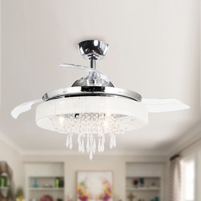 Chrome 42-inch Retractable 3-Blades Crystal Ceiling Fan with Remote
