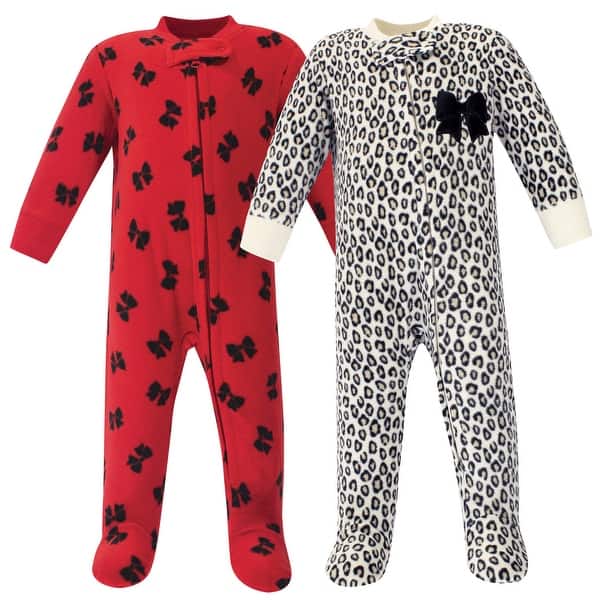 slide 1 of 1, Little Treasure Baby Girl Fleece Zipper Sleep and Play 2pk, Leopard Bow 0-3 Months - Leopard Bow