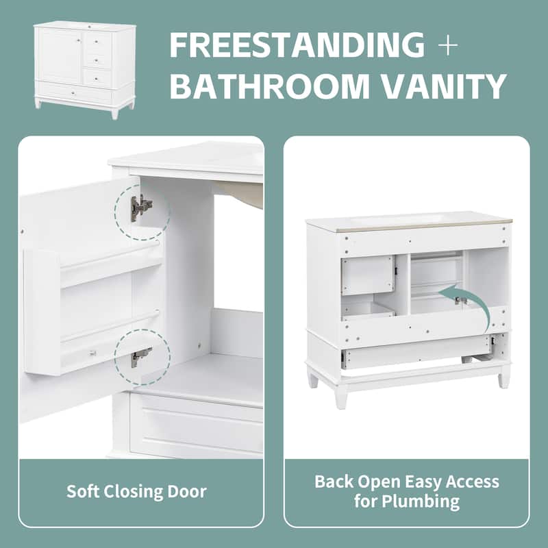 36" Bathroom Vanity with Ceramic Sink - MDF & Solid Wood Base, 3 Drawers & Storage Cabinet, Freestanding Design, 4" Faucet Holes