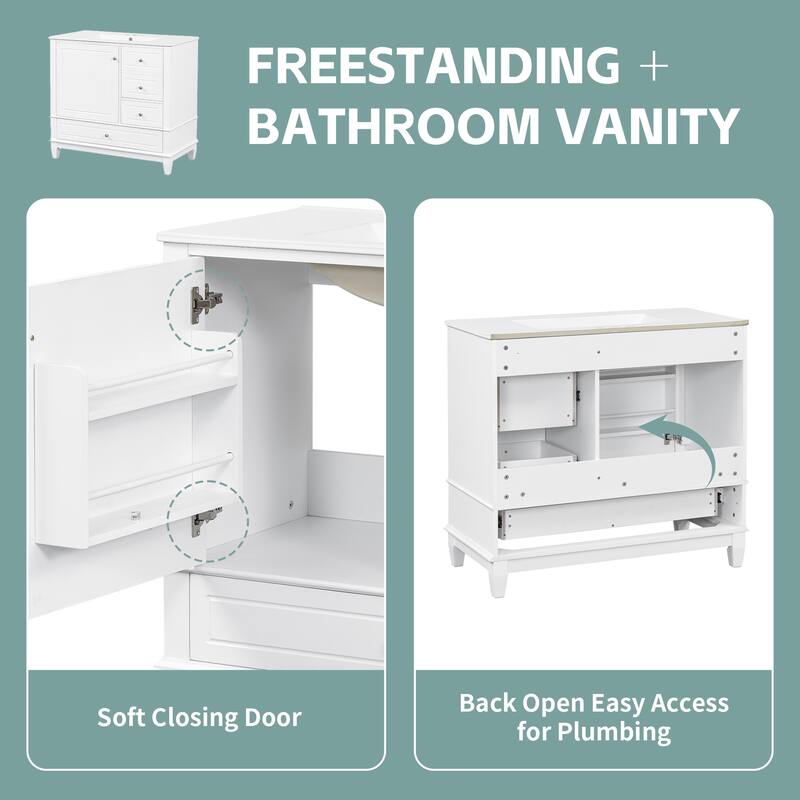 36" Bathroom Vanity with Sink, Freestanding Cabinet with Drawers and Shelves, Ceramic Top, Painted Wood Base