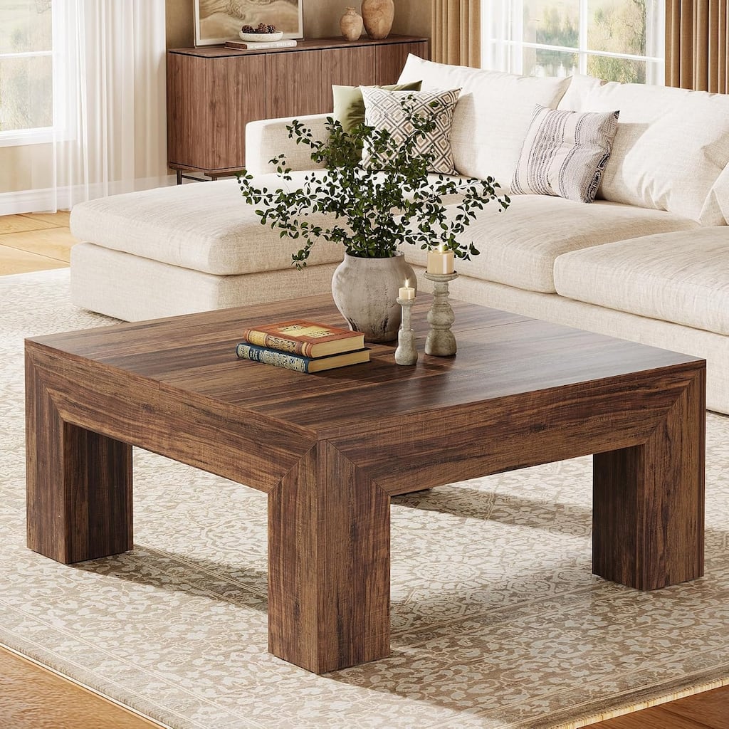 39.4" Square Coffee Table for Living Room, Farmhouse Center Cocktail Table (MDF) - 39.4" L x 39.4" W x 19.7" H
