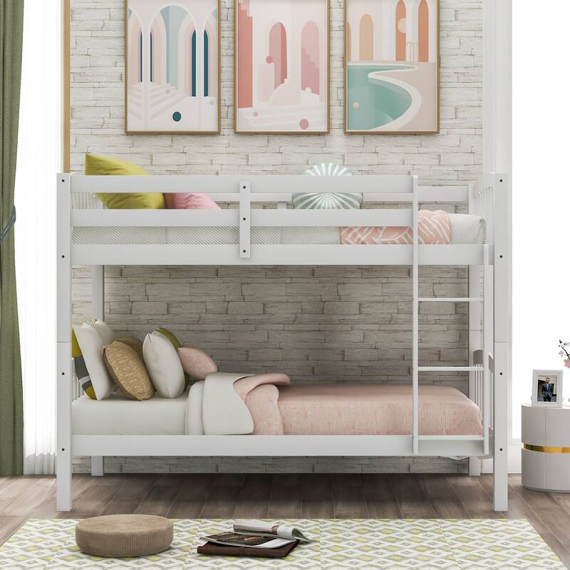 Twin Over Twin Bunk Bed with Ladder, White - Space-Saving Design for Compact Rooms