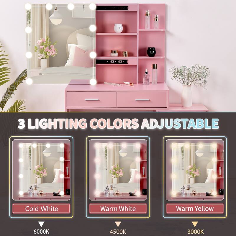 Pink Dressing Table Set with Sliding Mirror Cabinet 5 Drawers and Shelves Lighted Mirror