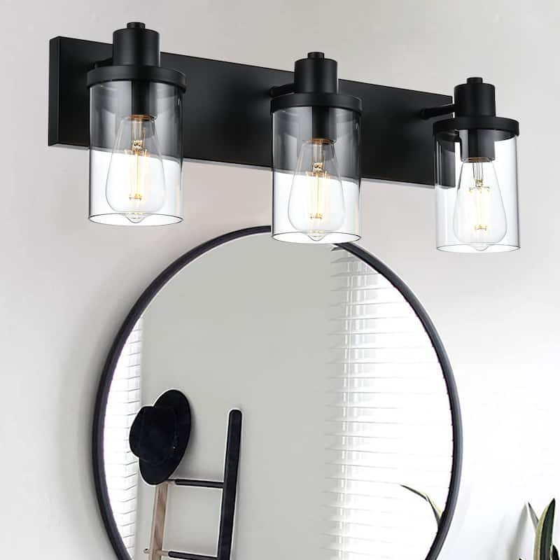 3 Light Bathroom Vanity Lighting with Clear Glass Shade - Black