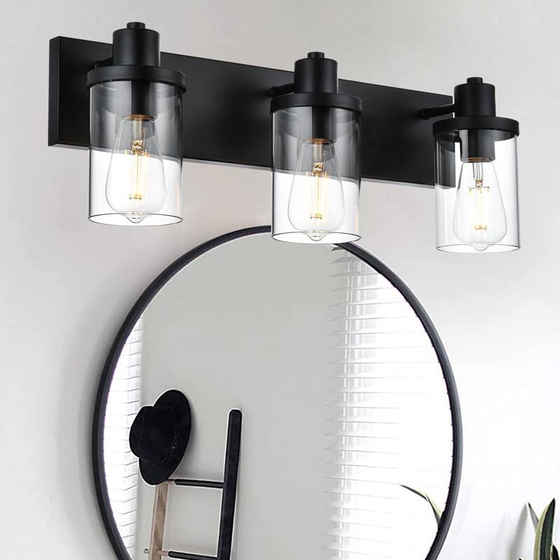 Rustic Wall Light Fixture in Matte Black Finish, 3 Light Bathroom Vanity Lighting with Clear Glass Shade, Wall Lamp Sconces - Black