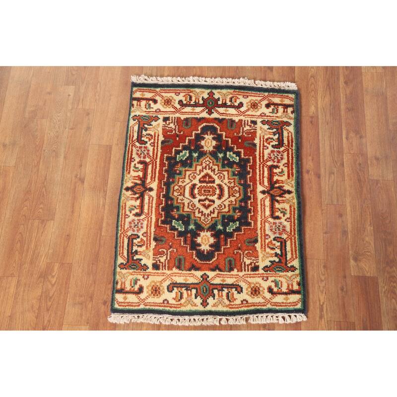 Hand Knotted Oriental 100% Wool Carpet Traditional Medallion Navy Blue & Blues Heriz (serapi) Area Rug - 3' 0'' X 2' 0''