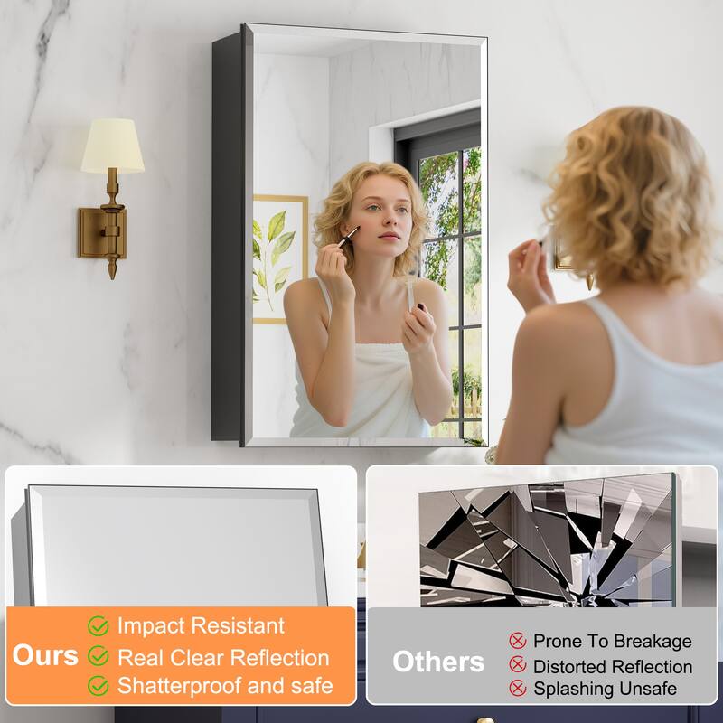 Belle Medicine Cabinet with Mirror, Adjustable Shelves, Recessed or Wall Mount