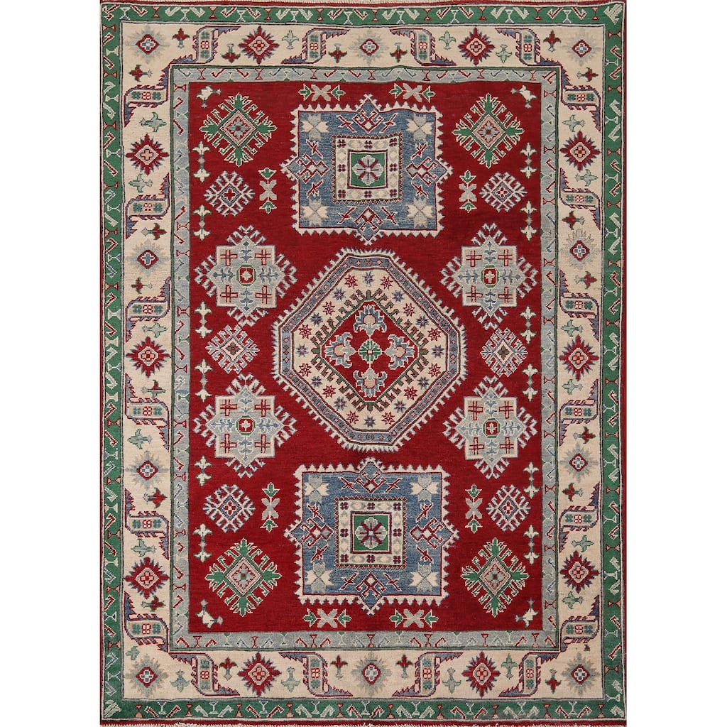 Geometric Red Kazak Area Rug Hand-Knotted Oriental Wool Carpet - 5'0" x 6'3"