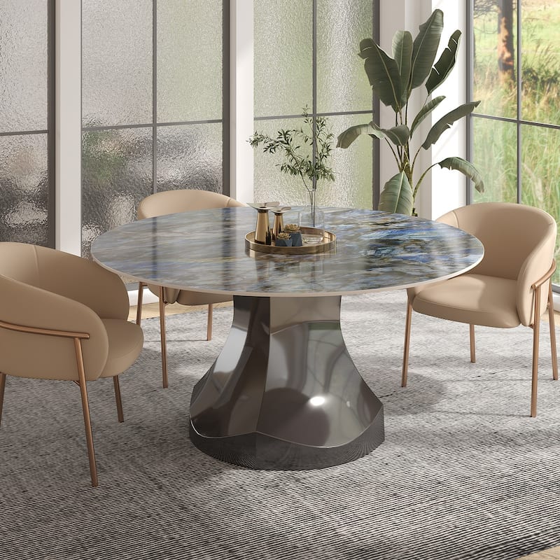 Modern Round Rock Stone Top Gunmetal Grey Stainless Steel Pedestal Dining Table