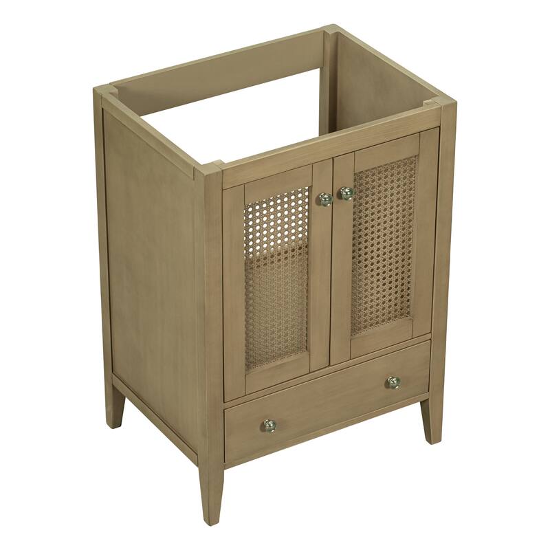 Natural Rattan Bathroom Vanity Cabinet Base Only - Solid Acacia Wood & MDF with Ample Storage, Freestanding Design