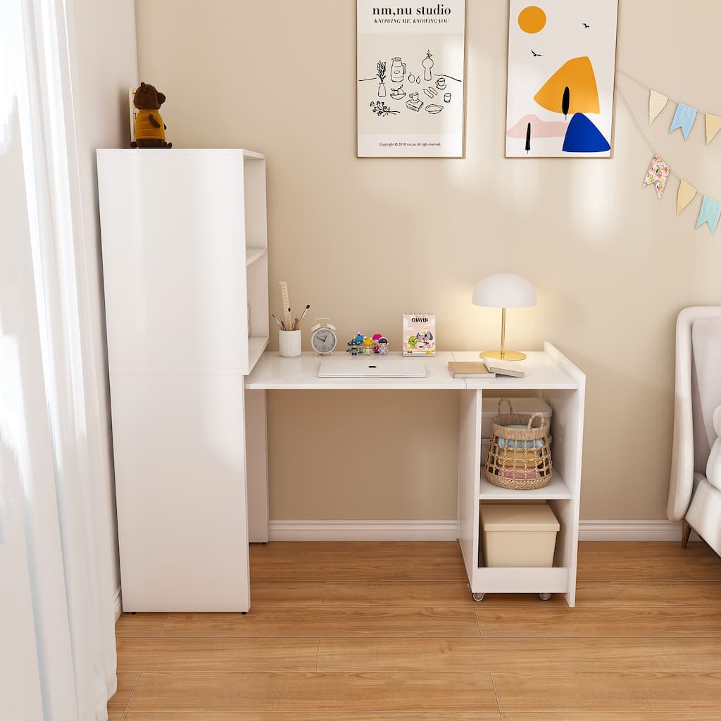 Burlywood Foldable Desk with Wheels, Office Desk with Storage for Small Spaces