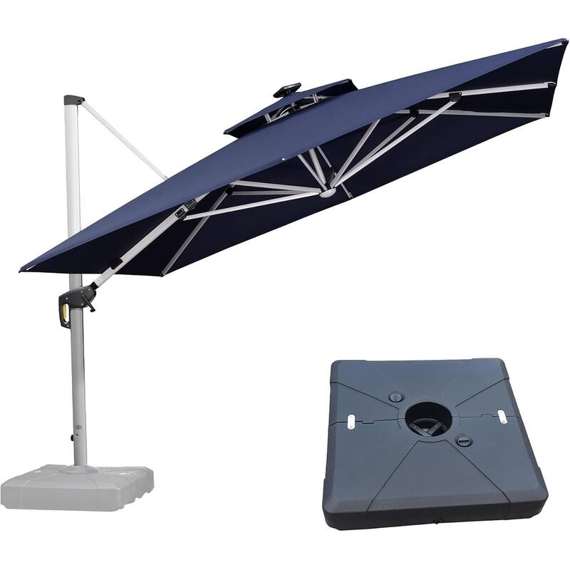 PURPLE LEAF 9/10/11 ft Square 09x12 ft Rectangle Double Top LED Patio Cantilever Umbrella with Base - 11ft Navy Blue