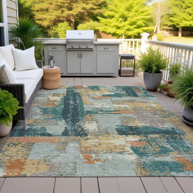 Machine Washable Indoor/Outdoor Casual Contemporary Chantille Rug - Seafoam - 10' x 14'