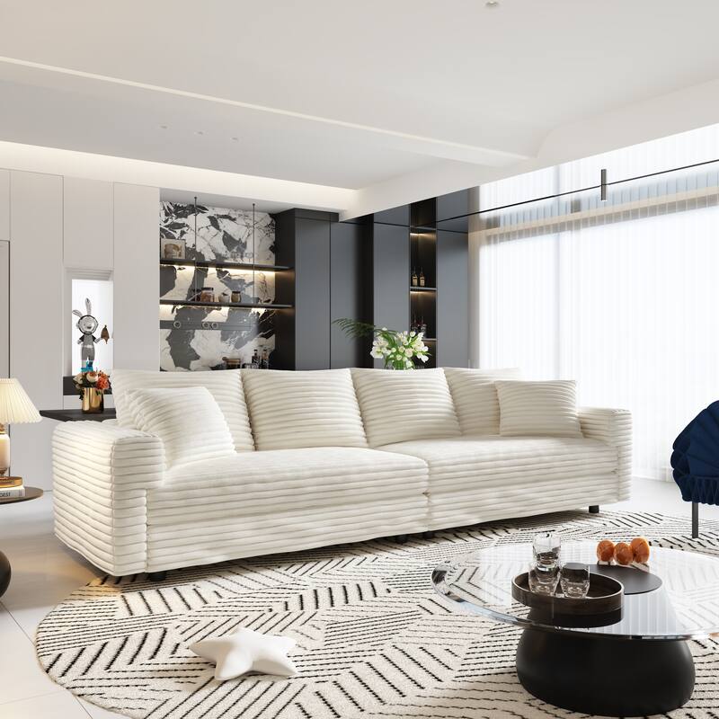 102.4 " Corduroy Modular Sofa, Modern Upholstered Sofa Cloud Couch, Deep Seat Couches w/ Pillows, Movable Ottoman for Apartment