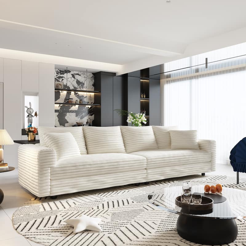 GDFStudio - Plush Corduroy 4-Seater 102.4" Deep Seat Sofa Cloud Couch - Beige+White