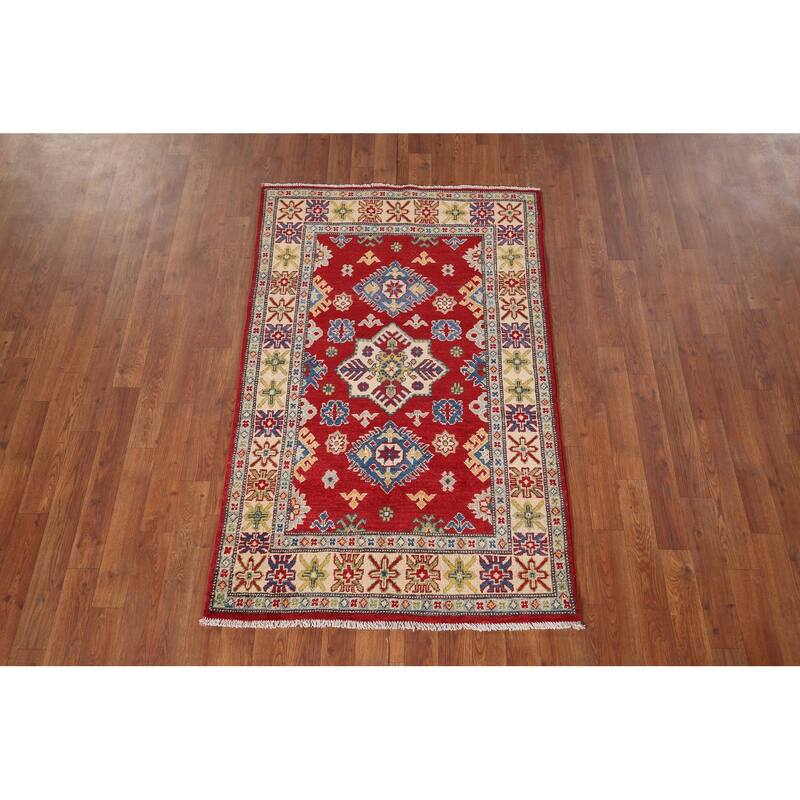 Red Traditional Geometric Kazak Accent Rug Hand-Knotted Wool Carpet - 3'1" x 5'0"