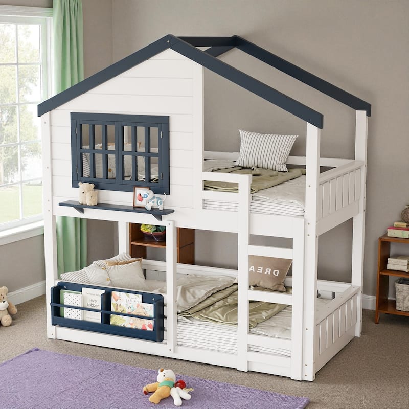 Twin/Full House Bunk Bed with Bookshelf, Safety Fence, Ladder and Loft Play Area, Wooden Kids Bed Frame