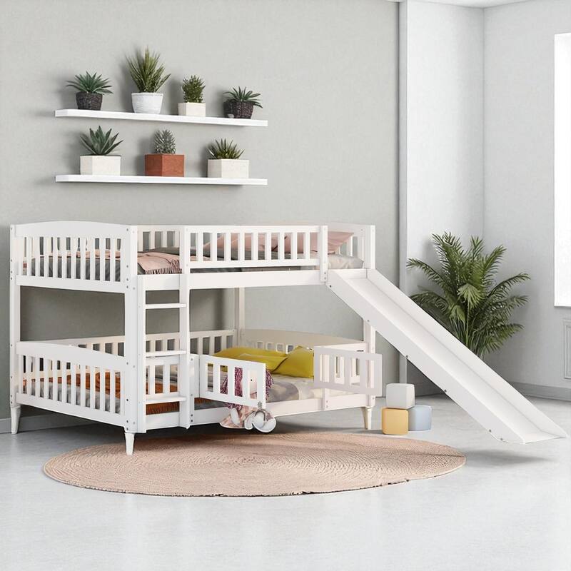 Twin Over Twin / Full Over Full Bunk Bed with Slide and Fence, Low Wood Frame with Ladder for Kids and Teens - White - Full