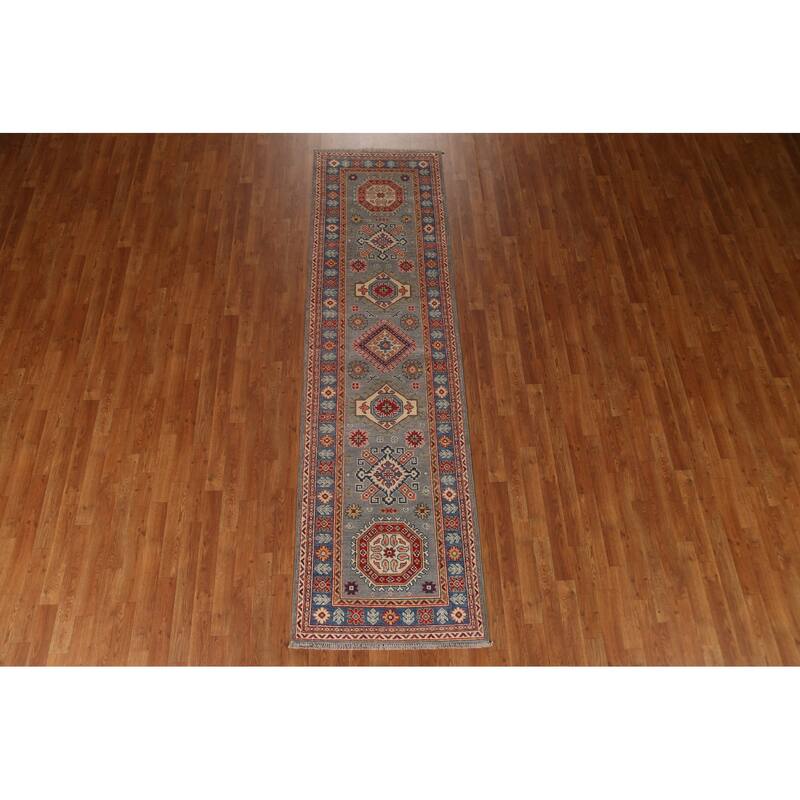 Traditional Geometric Kazak Oriental Grey Wool Runner Rug Hand-knotted - 2'8" x 9'9"