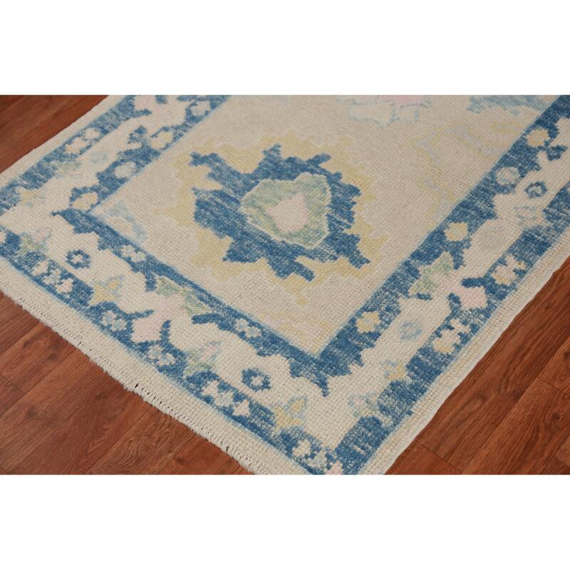 Hand Knotted Oriental 100% Wool Carpet Transitional Floral Beige & Ivories Oushak Runner Rug - 13' 8'' X 2' 11''