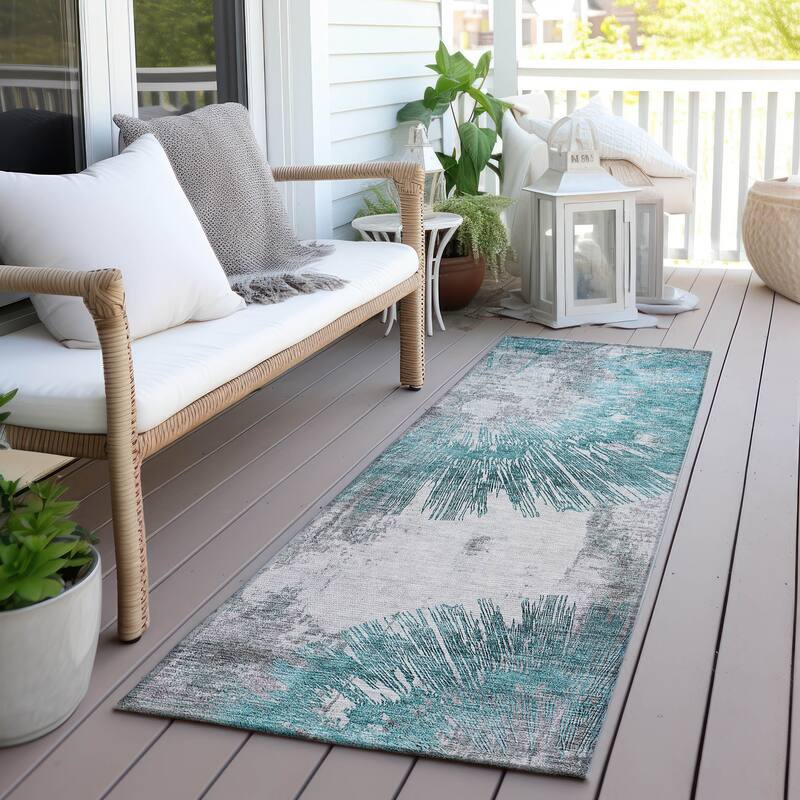Machine Washable Indoor/ Outdoor Chantille Contemporary Starburst Rug - Teal - 2'3" x 7'6"