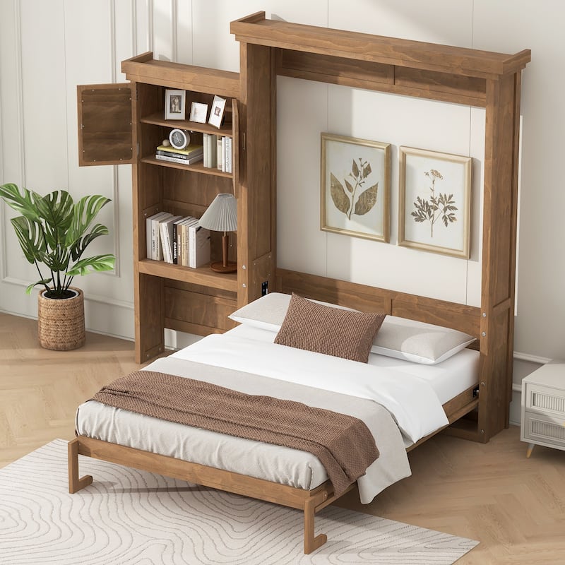 Queen Size Murphy Bed Wall Bed with Louvered Panel and Side Storage Shelves Space Saving Murphy Bed Pull Down Bed with Cabinets - Wood - Queen