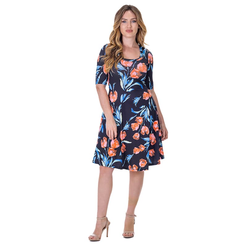 24seven Comfort Apparel Womens Black Floral Print Elbow Sleeve Knee Length Dress - Orange/Yellow - M